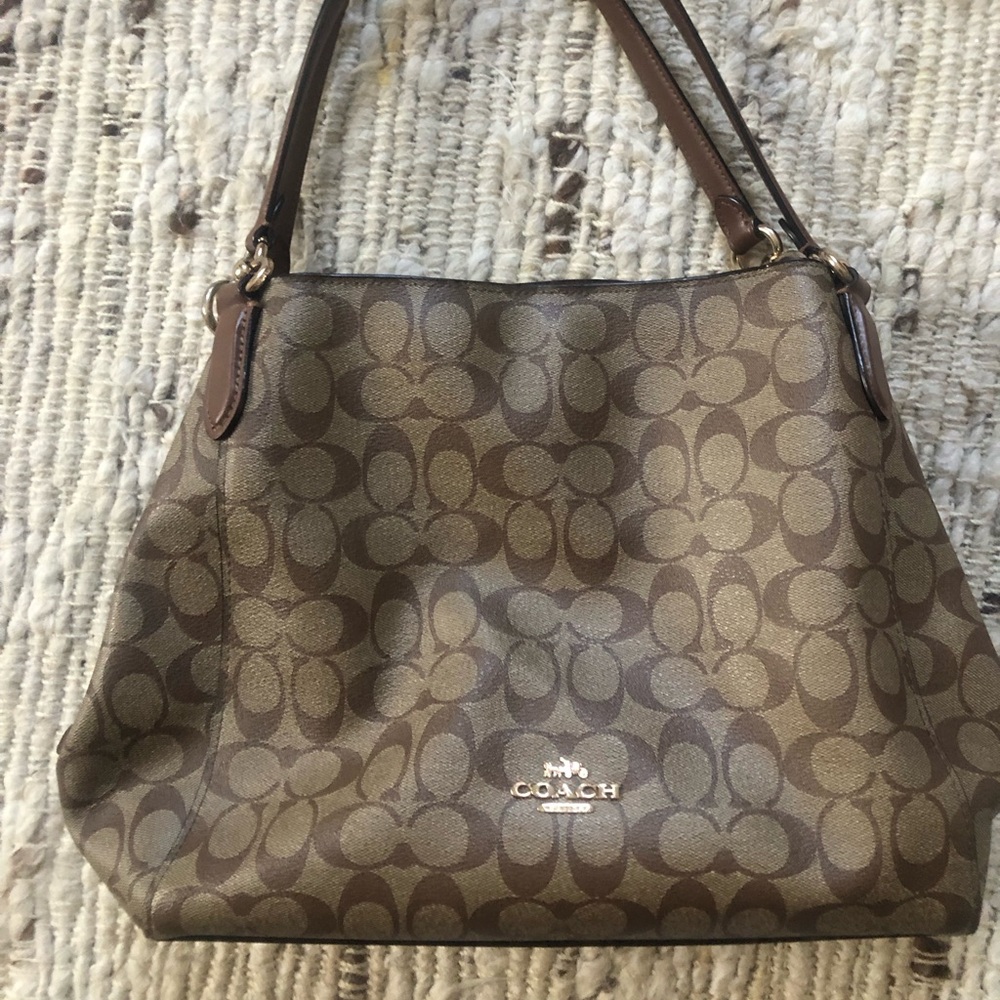 Coach Brown Signature Canvas Shoulder Bag with Leather Straps